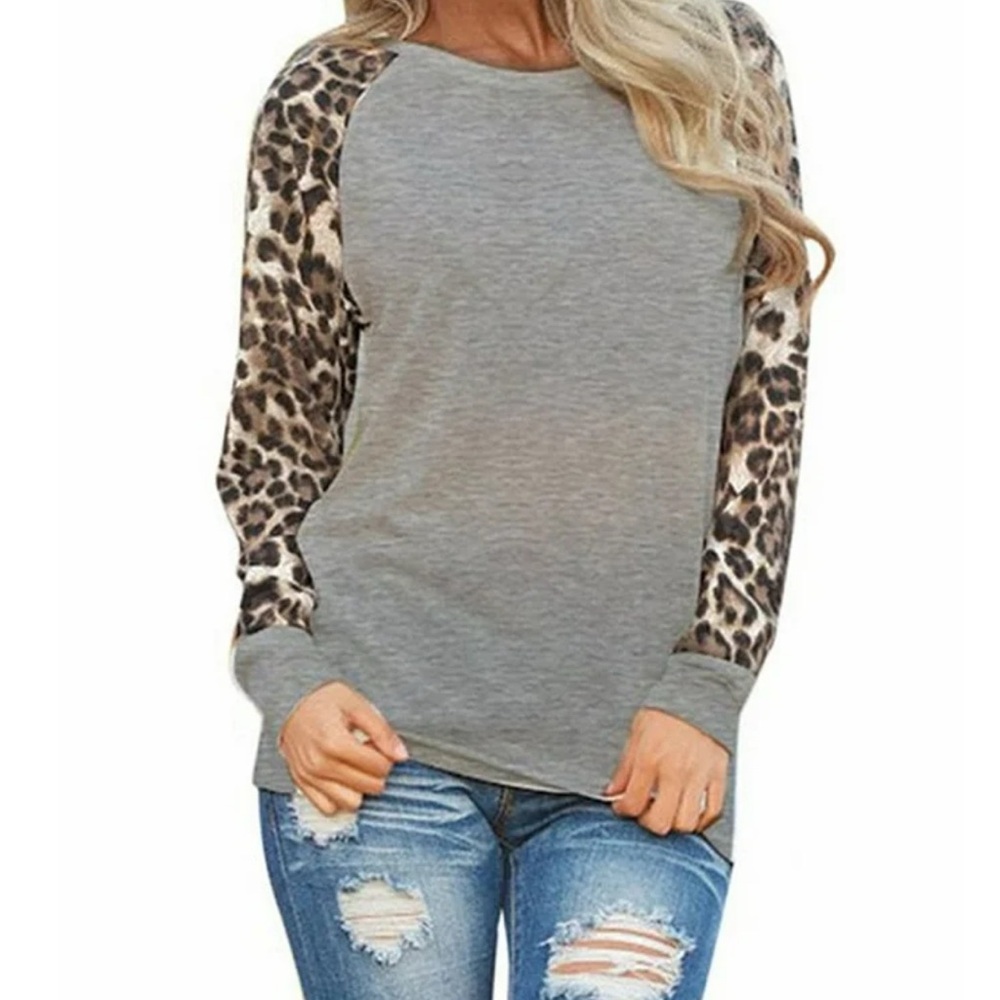 Women’s Leopard Print Sheer Sleeve Gray shirt  blouse top - New